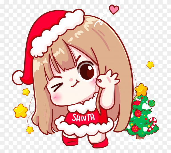 Cute girl in santa claus costume with christmas tree illustration on transparent background PNG