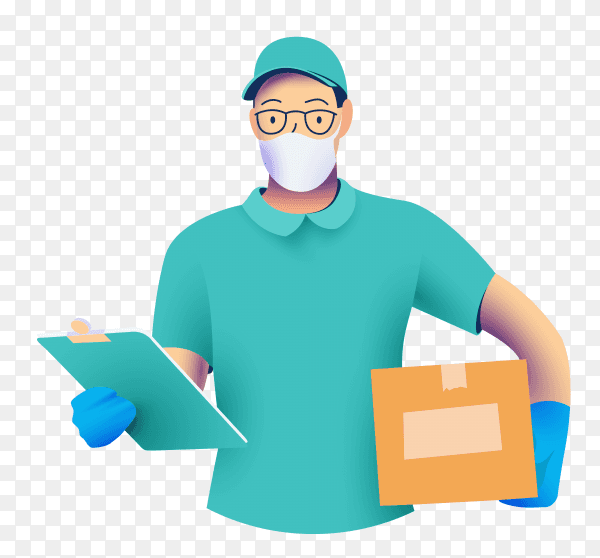 Delivery man in protective medical face mask with a box in his hands on transparent background PNG
