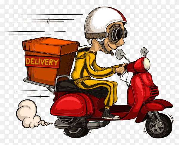 Deliveryman driving fast his scooter on transparent background PNG
