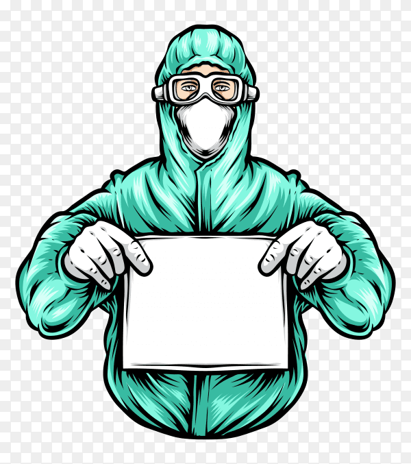 Doctor wearing hazmat suit holding paper on transparent background PNG