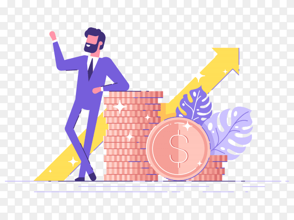 Financial consultant leaning on a stack of coins smiles friendly and waves with hand on transparent background PNG