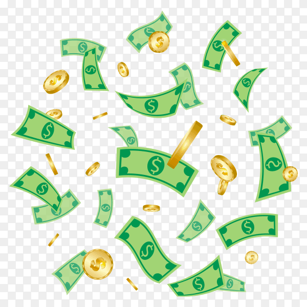 Flying dollars and coins set on transparent background PNG