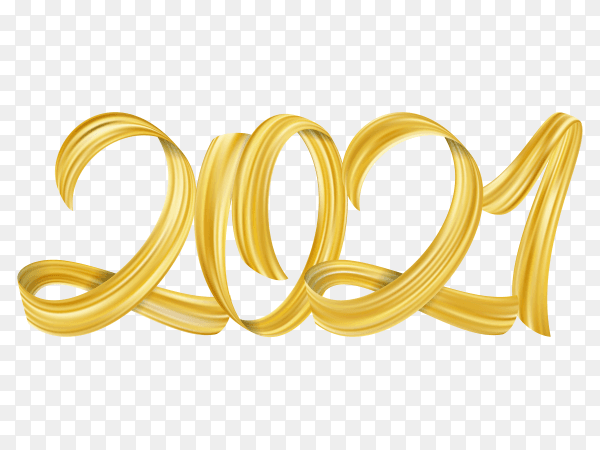 Golden brushstroke paint lettering calligraphy of 2021 on transparent PNG