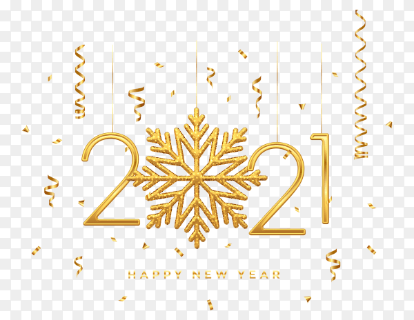 Golden metallic numbers 2021 with shining snowflake and confetti on transparent background PNG