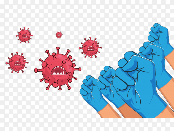 Group of raised arms in blue medical gloves fighting with coronavirus on transparent background PNG
