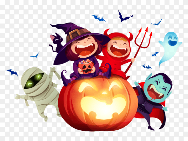 Halloween night with group of kids in costume party on transparent background PNG