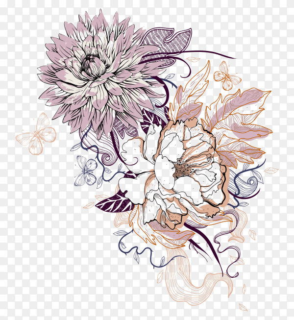 Hand drawn beautiful flowers on transparent background PNG