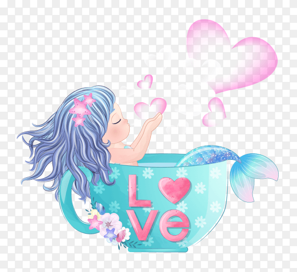 Hand drawn cute mermaid inside the cup on transparent background PNG