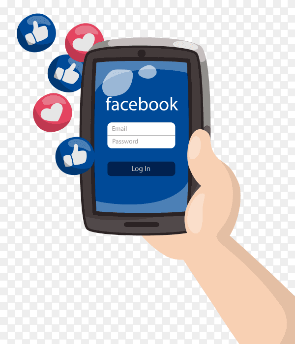 Hand holding mobile phone with facebook emoticon on transparent background PNG