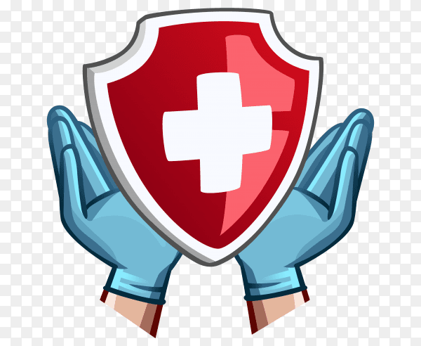 Hands in medical gloves and red shield with cross on transparent background PNG