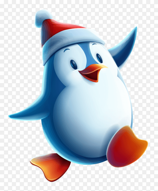 Happy cartoon Penguin wearing christmas hat on transparent background PNG