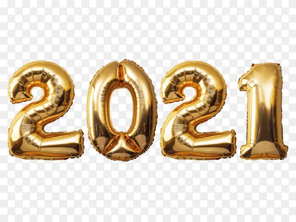 Happy new year 2021 with golden balloon numbers on transparent background PNG
