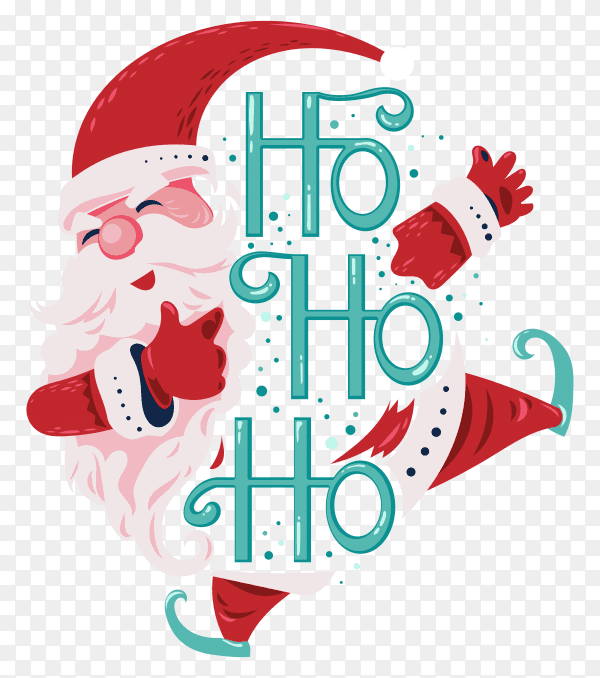 Happy santa claus jump and smiling say ho ho ho with lettering on transparent background PNG