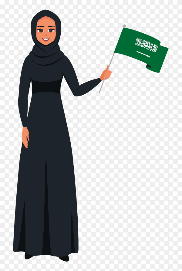 Happy saudi woman holding flag of saudi arabia on transparent background PNG