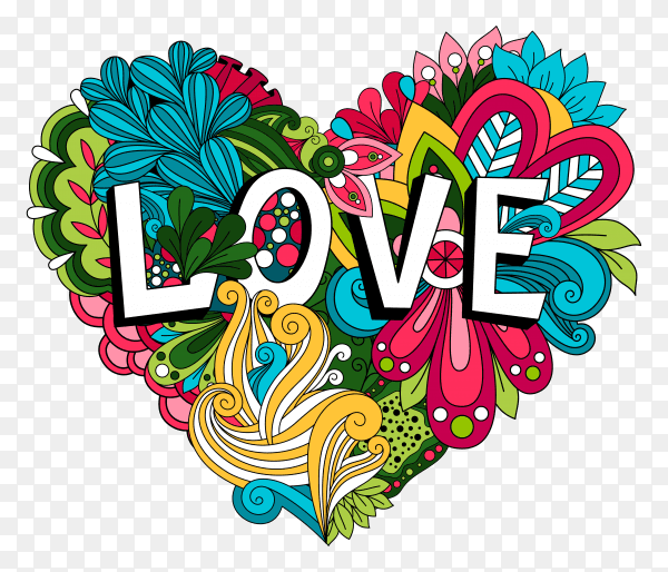 Heart shape flower with love lettering for valentines day card on transparent background PNG
