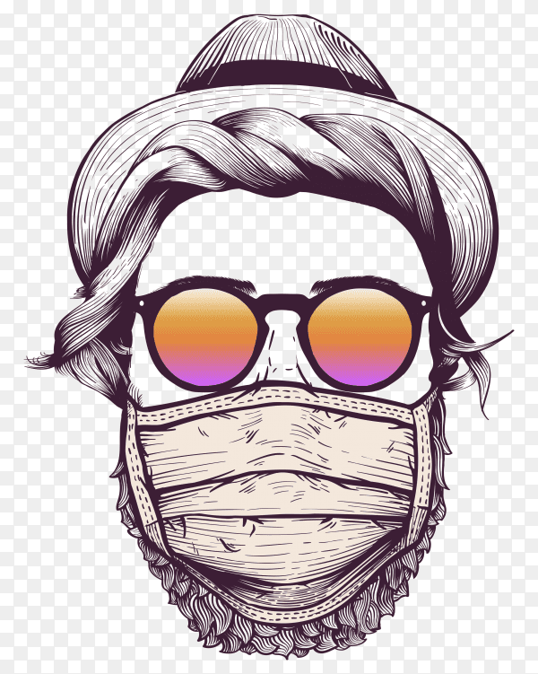 Hipster with hat and wearing protective face mask on transparent background PNG