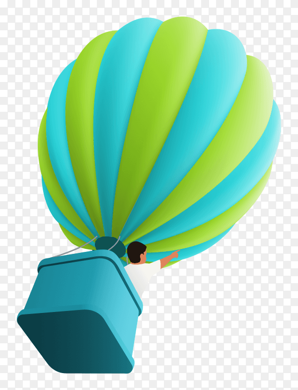 Hot air balloon in sky with boy in the basket on transparent background PNG