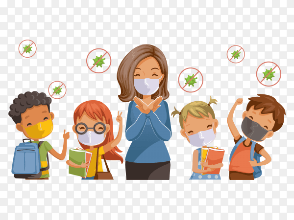 Illustration of Children back to school and wearing sanitary masks on transparent background PNG