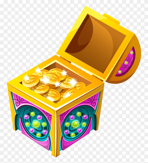 Isometric chest with treasures on transoarent background PNG