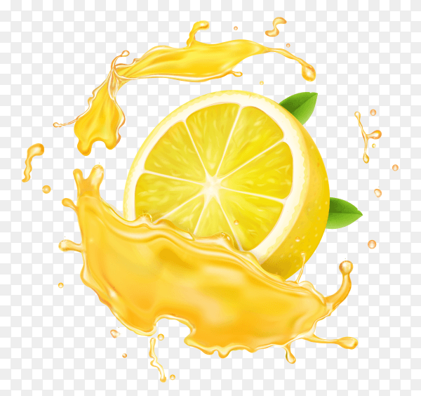 Lemon slices in juice splash on transparent background PNG