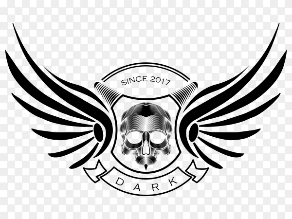 Line art illustration of winged skull on transparent background PNG