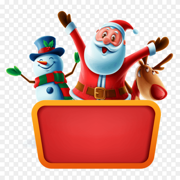 Merry Christmas card with santa claus and animals character with big sign board on transparent background PNG