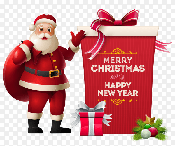 Merry christmas card with Santa Claus and gifts on transparent PNG