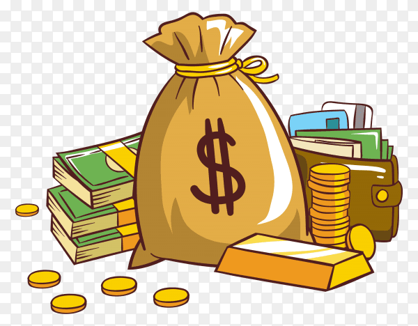 Money bag with pile coins and bills cash on transparent background PNG