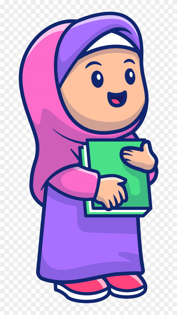 Muslim girl holding book on transparent background PNG