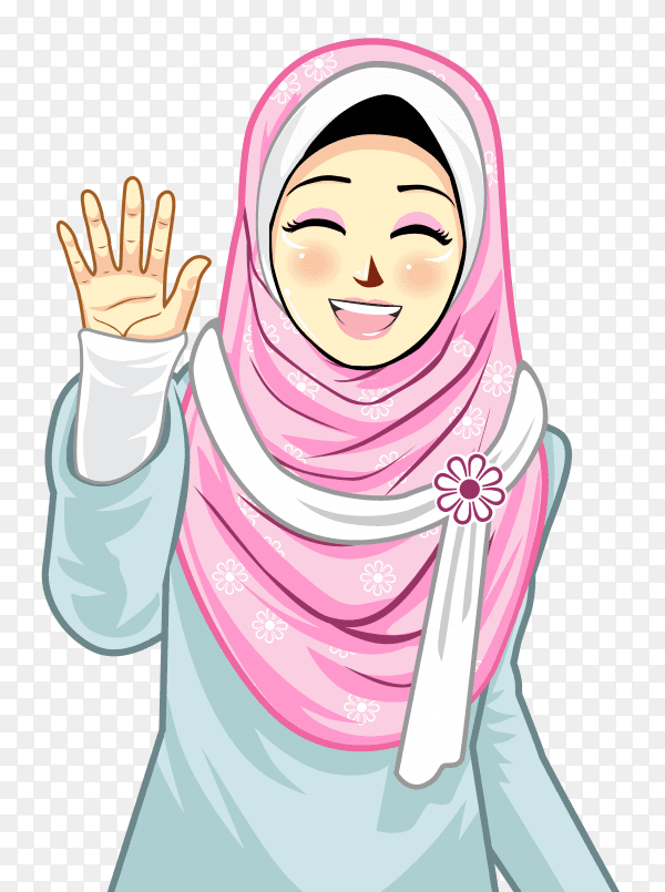 Muslim girl with hijab and raising his hand on transparent background PNG