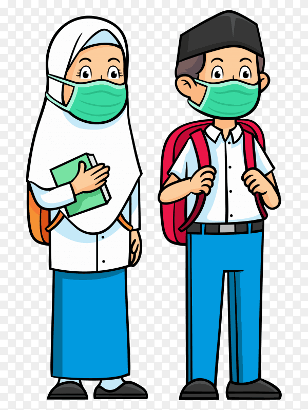 Muslim woman and man wearing face medical mask on transparent background PNG