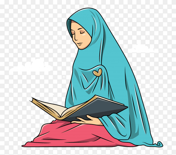 Muslim woman is reading quran on transparent background PNG