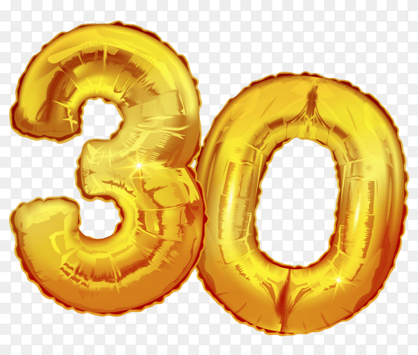 Number 30 thirty made of golden inflatable balloons isolated on transparent background PNG