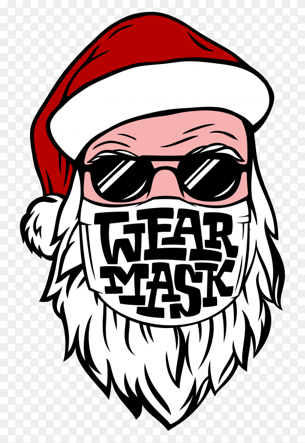 Postcard with hand drawn santa in medical mask on transparent PNG