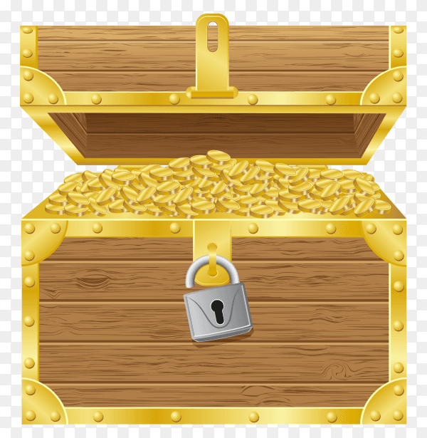 Realistic open old wooden chest with golden coins on transparent background PNG