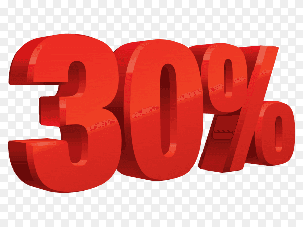 Realistic red text 30 percent discount number on transparent background PNG