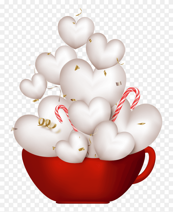 Red cup with cute white 3d hearts on transparent background PNG