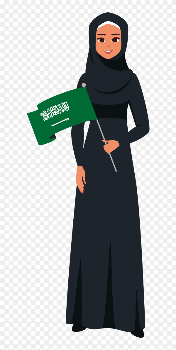 Saudi woman holding flag of saudi arabia premium vector PNG