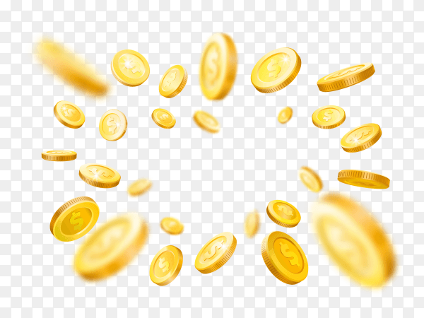 Shiny realistic gold coins explosion frame on transparent background PNG