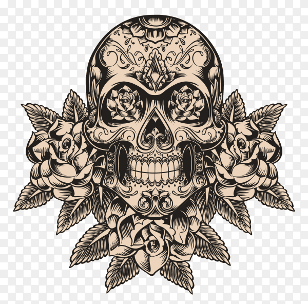Skull and roses illustration on transparent background PNG