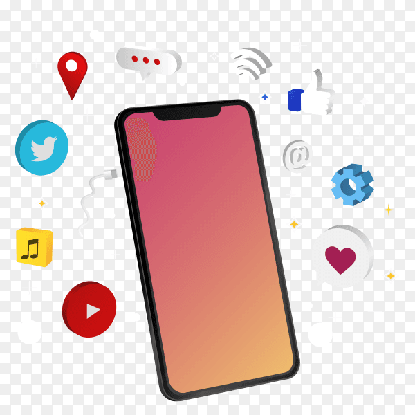 Smartphone with social apps on transparent background PNG
