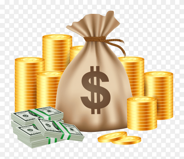 Stacks coins money bag on transparent background PNG