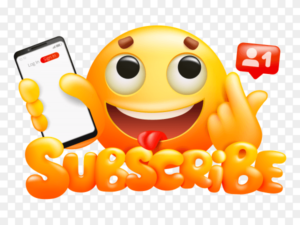 Subscribe button with yellow cartoon emoticon smile character and smartphone on transparent background PNG