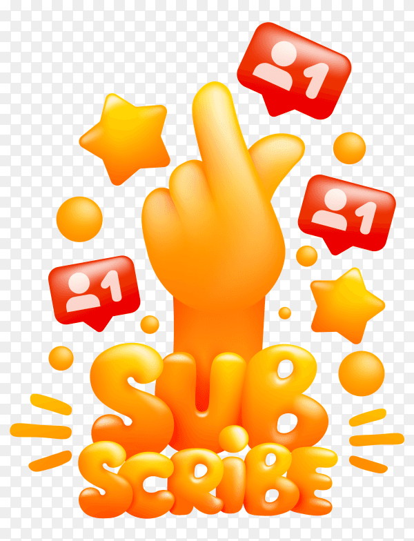 Subscribe sticker template with emoji yellow hand making gesture sign on transparent background PNG