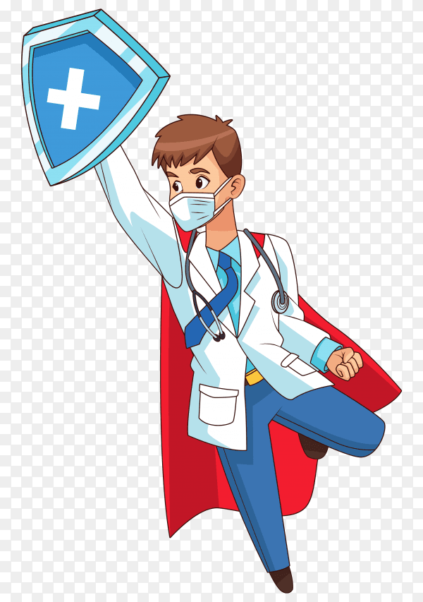Super doctor flying and holding shield on transparent background PNG