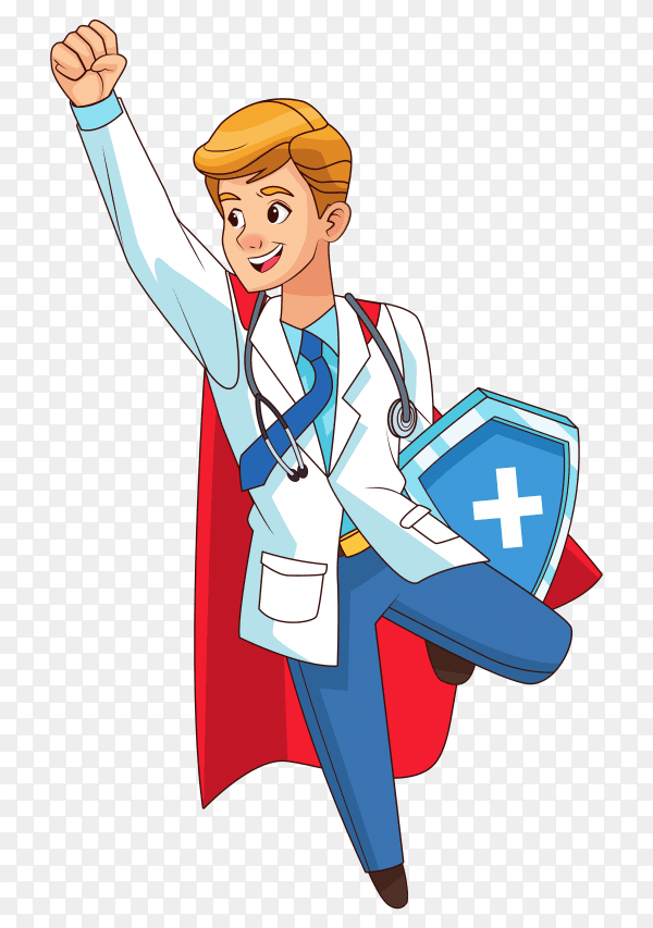 Super doctor flying with shield on transparent background PNG