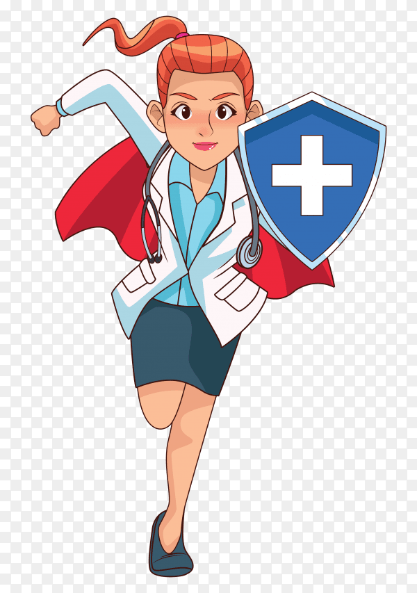 Super female doctor running with shield on transparent background PNG