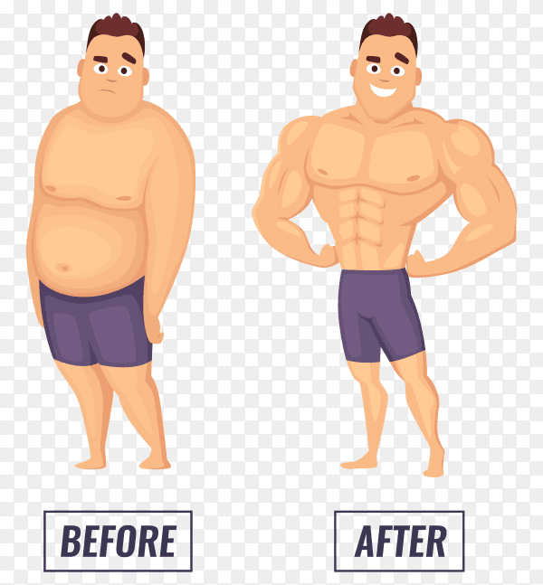 Two characters fat man and fitness man on transparent background PNG