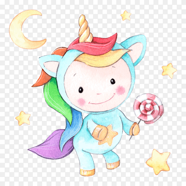 Watercolor cartoon unicorn with lollipop on transparent background PNG