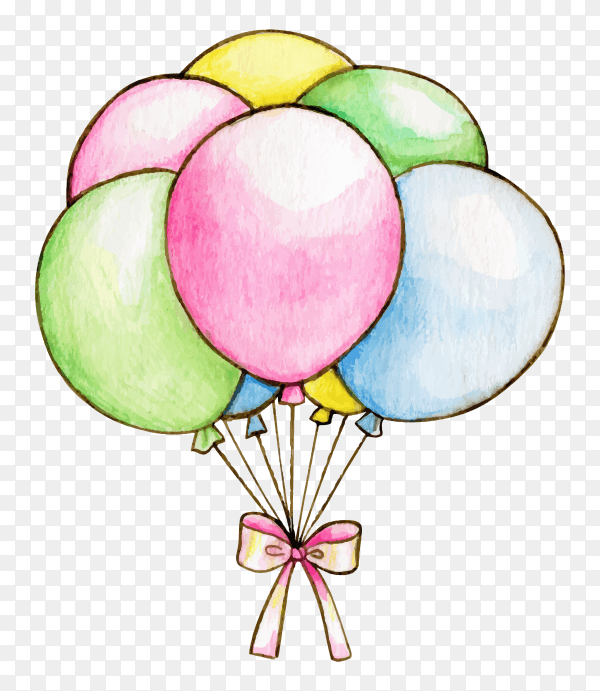 Watercolor pastel colorful balloons with bow on transparent background PNG